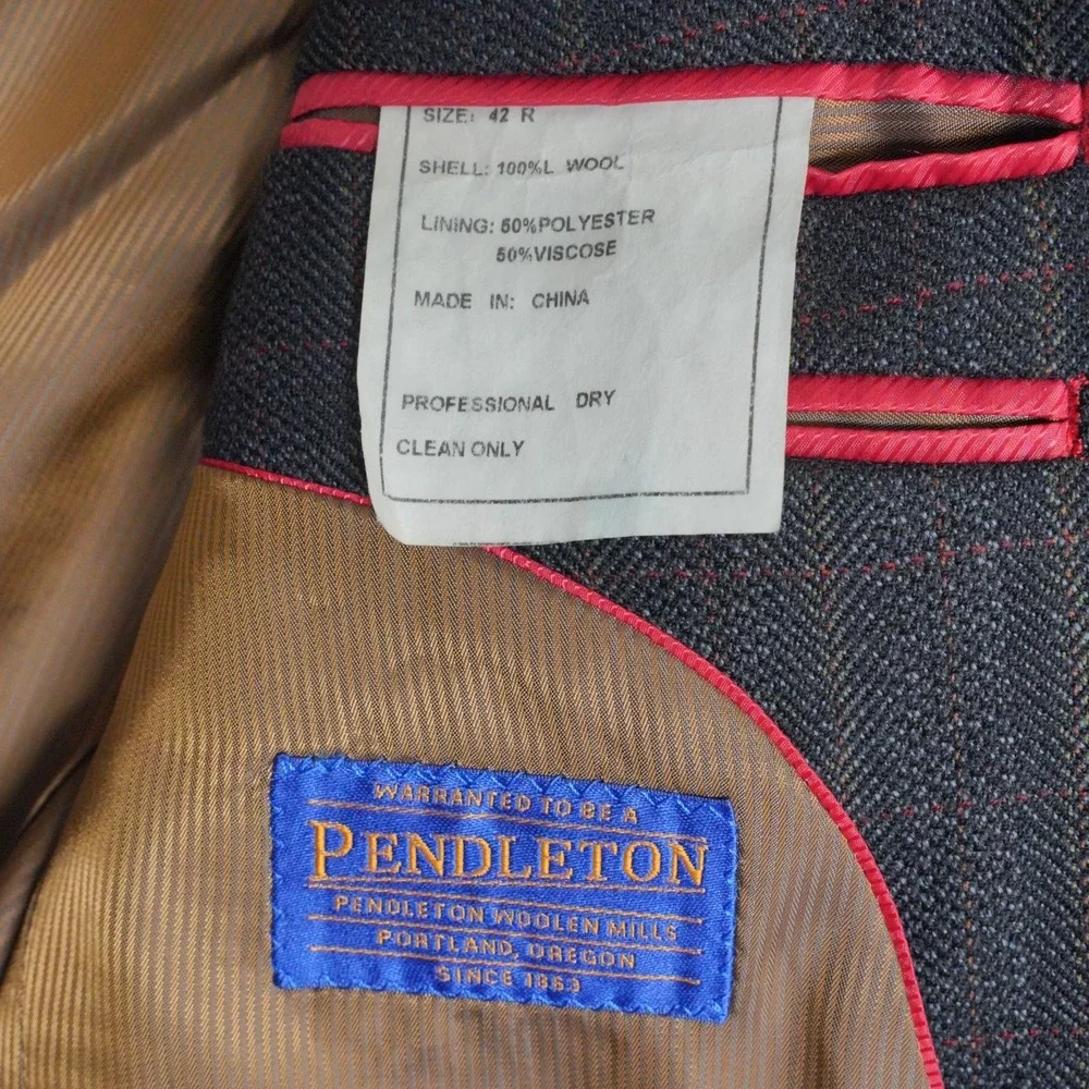 Pendleton 42R Men's Wool Sport Coat Charcoal‎ Gray Herringbone Plaid Checked